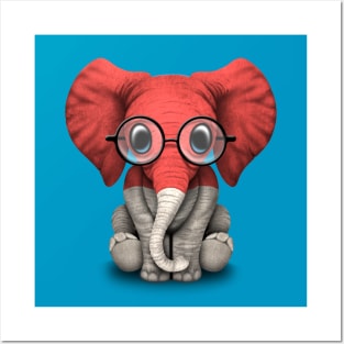 Baby Elephant with Glasses and Indonesian Flag Posters and Art